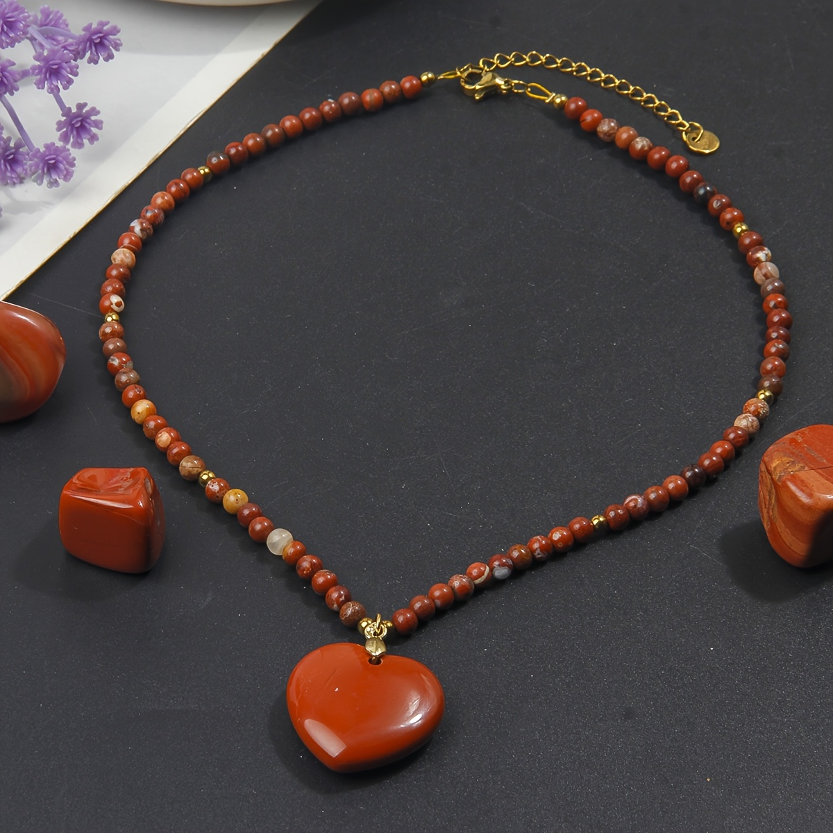 Natural Red Stone Heart Pendant Beaded Necklace, Vintage Style